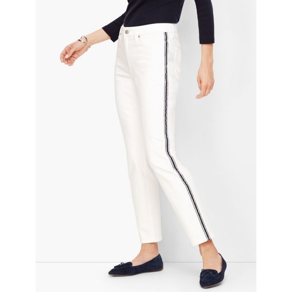 Talbots High Waist White and Black Stripe Straight Ankle Jeans NEW